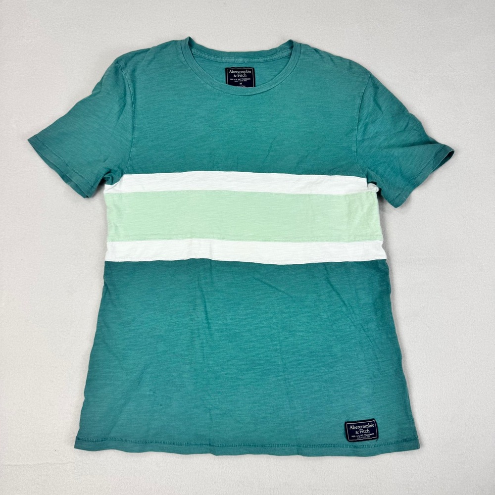 Abercrombie Fitch Mens Teal Striped‎ Slub Knit T-Shirt Sz M Short Sleeve Y2K Vtg